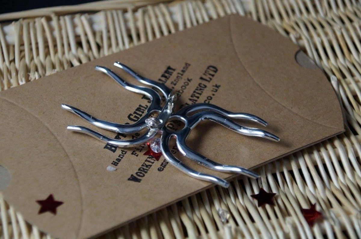 Spider pendant made from fork tines, on a Buffergirl gift box