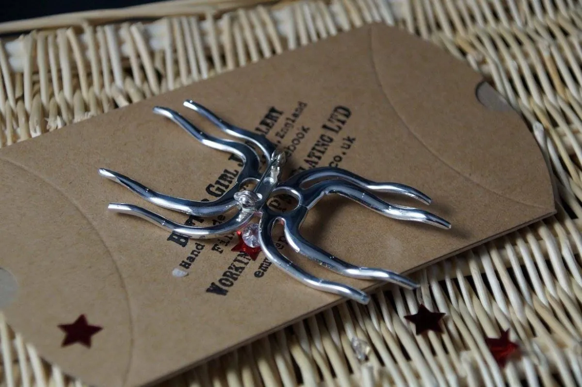 Spider pendant made from fork tines, on a Buffergirl gift box